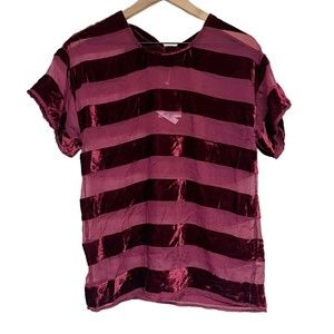 Topshop Womens Short Sleeve Velvet Sheer Striped Top Sz 4 Bow Back Holiday NWT
